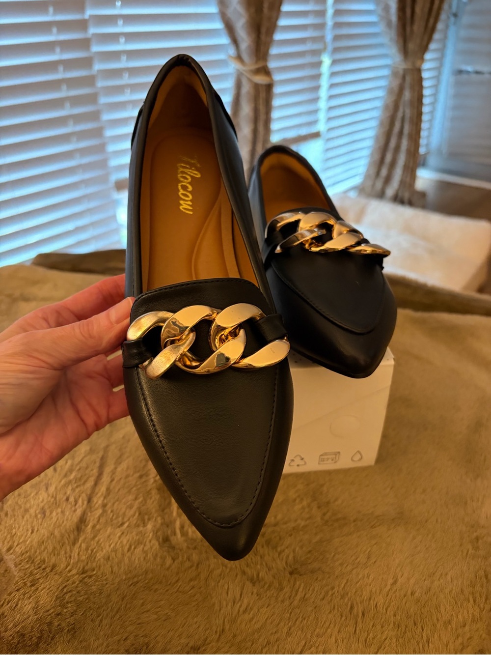 NWT Black Pointed Toe Flats with Gold Chain Accent